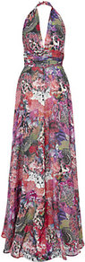 Digital Print Halterneck Gown - sleeve style: sleeveless; style: maxi dress; waist detail: fitted waist, twist front waist detail/nipped in at waist on one side/soft pleats/draping/ruching/gathering waist detail; neckline: halter neck; back detail: low cut/open back; occasions: evening, occasion; length: floor length; fit: fitted at waist & bust; fibres: silk - 100%; hip detail: soft pleats at hip/draping at hip/flared at hip; predominant colour: multicoloured; sleeve length: sleeveless; texture group: sheer fabrics/chiffon/organza etc.; trends: statement prints; pattern type: fabric; pattern size: big & busy; pattern: patterned/print