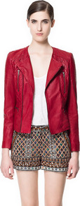 Leather Jacket With Studs - pattern: plain; style: biker; collar: asymmetric biker; fit: slim fit; predominant colour: true red; occasions: casual, evening; length: standard; fibres: leather - 100%; sleeve length: long sleeve; sleeve style: standard; texture group: leather; collar break: medium; pattern type: fabric; pattern size: standard