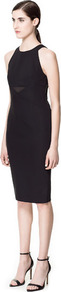 Combined Dress With Sheer Details - style: shift; neckline: round neck; fit: tight; pattern: plain; sleeve style: sleeveless; waist detail: fitted waist, embellishment at waist/feature waistband, cut out detail; back detail: racer back/sports back, contrast pattern/fabric at back, sheer fabric at back; hip detail: fitted at hip, sculpting darts/pleats/seams at hip; bust detail: ruching/gathering/draping/layers/pintuck pleats at bust; predominant colour: black; occasions: evening, work, occasion; length: on the knee; fibres: polyester/polyamide - mix; sleeve length: sleeveless; texture group: cotton feel fabrics; trends: glamorous day shifts; pattern type: fabric; pattern size: standard