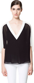 Combined Blouse - neckline: low v-neck; pattern: plain, colourblock; style: blouse; shoulder detail: contrast pattern/fabric at shoulder; back detail: contrast pattern/fabric at back; predominant colour: black; occasions: casual, evening, work, occasion; length: standard; fibres: polyester/polyamide - 100%; fit: loose; sleeve length: 3/4 length; sleeve style: standard; texture group: sheer fabrics/chiffon/organza etc.; pattern type: fabric; pattern size: standard