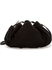 Suede Messenger Bag - predominant colour: black; occasions: casual, evening, work; style: onion bag; length: across body/long; size: small; material: suede; embellishment: tassels; pattern: plain; finish: plain