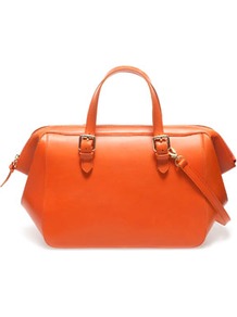 Leather Bowling Bag - predominant colour: bright orange; occasions: casual, work; type of pattern: standard; style: bowling; length: handle; size: standard; material: leather; pattern: plain; finish: plain; embellishment: buckles