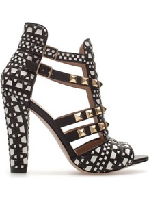 Studded Sandals - predominant colour: black; occasions: evening, occasion, holiday; material: leather; heel height: high; embellishment: buckles, studs; ankle detail: ankle strap; heel: block; toe: open toe/peeptoe; style: strappy; finish: plain; pattern: patterned/print