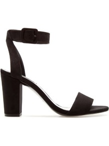 Medium Height Sandal - predominant colour: black; occasions: evening, work, occasion; material: fabric; heel height: high; embellishment: buckles; ankle detail: ankle strap; heel: block; toe: open toe/peeptoe; style: standard; finish: plain; pattern: plain