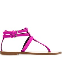 Leather Thong Sandals - predominant colour: hot pink; occasions: casual, holiday; material: suede; heel height: flat; embellishment: buckles; ankle detail: ankle strap; heel: standard; toe: toe thongs; style: flip flops / toe post; finish: plain; pattern: plain