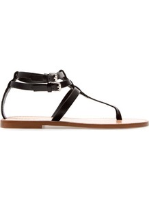 Flat Thong Sandals With Buckle - predominant colour: black; occasions: casual, holiday; material: leather; heel height: flat; embellishment: buckles; ankle detail: ankle strap; heel: standard; toe: toe thongs; style: flip flops / toe post; finish: plain; pattern: plain