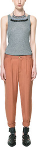 Flowing Jacquard Chinos - pattern: plain; pocket detail: small back pockets, pockets at the sides; waist detail: belted waist/tie at waist/drawstring; waist: mid/regular rise; predominant colour: terracotta; occasions: casual, work; length: ankle length; style: chino; fibres: polyester/polyamide - 100%; jeans & bottoms detail: turn ups; texture group: silky - light; fit: baggy; pattern type: fabric; pattern size: standard