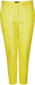 Jacquard Cigarette Trousers - pattern: plain; waist detail: fitted waist, narrow waistband; pocket detail: small back pockets, pockets at the sides; waist: mid/regular rise; predominant colour: yellow; occasions: casual, evening, work, occasion, holiday; length: ankle length; fibres: cotton - mix; hip detail: fitted at hip (bottoms); texture group: ornate wovens; trends: fluorescent; fit: slim leg; pattern type: fabric; pattern size: standard; style: standard