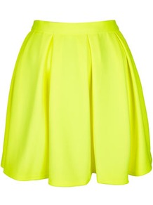 Fluro Yellow Pleated Skirt - length: mini; pattern: plain; fit: loose/voluminous; style: pleated; waist detail: fitted waist, narrow waistband; waist: mid/regular rise; predominant colour: yellow; occasions: casual, evening, work, holiday; fibres: polyester/polyamide - stretch; hip detail: structured pleats at hip, soft pleats at hip/draping at hip/flared at hip, sculpting darts/pleats/seams at hip; trends: fluorescent, volume; pattern type: fabric; pattern size: standard; texture group: jersey - stretchy/drapey