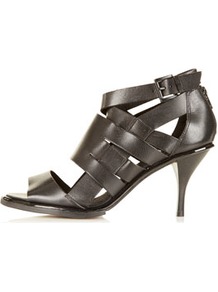 Nia Multi Strap Sandals - predominant colour: black; occasions: casual, evening, work, holiday; material: leather; heel height: mid; embellishment: buckles; ankle detail: ankle strap; heel: stiletto; toe: open toe/peeptoe; style: strappy; finish: plain; pattern: plain