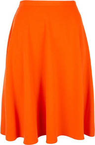 Orange Calf Skater Skirt - pattern: plain; fit: body skimming; waist detail: fitted waist, narrow waistband; hip detail: fitted at hip, soft pleats at hip/draping at hip/flared at hip, sculpting darts/pleats/seams at hip; waist: mid/regular rise; predominant colour: bright orange; occasions: casual, evening, work, holiday; length: just above the knee; style: a-line; fibres: polyester/polyamide - stretch; trends: fluorescent; pattern type: fabric; pattern size: standard; texture group: jersey - stretchy/drapey