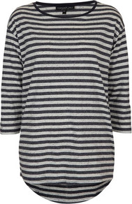 Tall Neppy Stripe Top - neckline: round neck; pattern: horizontal stripes, striped; length: below the bottom; style: t-shirt; predominant colour: navy; occasions: casual; fibres: cotton - mix; fit: straight cut; back detail: longer hem at back than at front; sleeve length: 3/4 length; sleeve style: standard; pattern type: fabric; pattern size: standard; texture group: jersey - stretchy/drapey