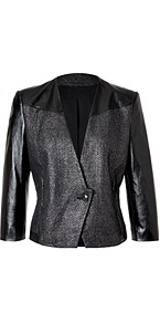 Old Silver/Black Cotton Linen Jacket With Leather Sleeves - style: cropped; length: cropped; collar: standard lapel/rever collar; shoulder detail: contrast pattern/fabric at shoulder; pattern: herringbone/tweed; predominant colour: black; occasions: casual, evening, work; fit: tailored/fitted; fibres: cotton - mix; sleeve length: 3/4 length; sleeve style: standard; texture group: ornate wovens; trends: metallics; collar break: medium; pattern type: fabric; pattern size: light/subtle