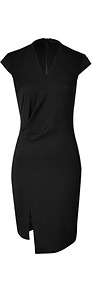 Black Cupro Silk Dress - style: shift; neckline: v-neck; sleeve style: capped; fit: tight; pattern: plain; waist detail: fitted waist, twist front waist detail/nipped in at waist on one side/soft pleats/draping/ruching/gathering waist detail; predominant colour: black; occasions: casual, evening, work, occasion; length: just above the knee; fibres: silk - mix; sleeve length: short sleeve; trends: glamorous day shifts; pattern type: fabric; texture group: jersey - stretchy/drapey