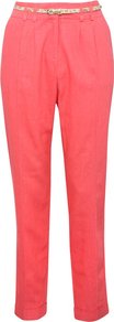 Women's Tapered Linen Trousers - length: standard; pattern: plain; waist: high rise; waist detail: belted waist/tie at waist/drawstring, narrow waistband; predominant colour: coral; occasions: casual, work; fibres: linen - mix; texture group: linen; trends: fluorescent; fit: tapered; pattern type: fabric; pattern size: standard; style: standard