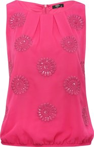 Petite Sleeveless Beaded Top Raspberry - neckline: round neck; pattern: plain; sleeve style: sleeveless; bust detail: added detail/embellishment at bust, ruching/gathering/draping/layers/pintuck pleats at bust, tiers/frills/bulky drapes/pleats; waist detail: elasticated waist; predominant colour: hot pink; occasions: casual, evening; length: standard; style: top; fibres: polyester/polyamide - 100%; fit: straight cut; sleeve length: sleeveless; texture group: sheer fabrics/chiffon/organza etc.; pattern type: fabric; pattern size: small & light; embellishment: beading