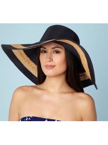 Dark Blue Floppy Brim Sun Hat - predominant colour: navy; occasions: casual, holiday; type of pattern: standard; style: wide brimmed; size: large; material: macrame/raffia/straw; pattern: two-tone