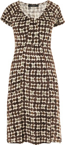 Tema Dress - style: shift; neckline: round neck; predominant colour: chocolate brown; occasions: casual, work; length: just above the knee; fit: fitted at waist & bust; fibres: polyester/polyamide - 100%; hip detail: soft pleats at hip/draping at hip/flared at hip; sleeve length: short sleeve; sleeve style: standard; pattern type: fabric; pattern size: standard; pattern: patterned/print; texture group: jersey - stretchy/drapey