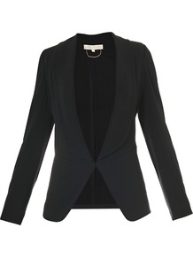 Crepe Satin Jacket - pattern: plain; style: single breasted blazer; collar: shawl/waterfall; predominant colour: black; occasions: evening, work, occasion; length: standard; fit: tailored/fitted; fibres: polyester/polyamide - 100%; waist detail: fitted waist; sleeve length: long sleeve; sleeve style: standard; texture group: crepes; collar break: low/open; pattern type: fabric; pattern size: standard
