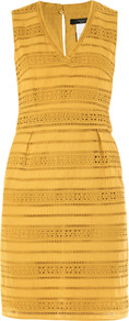 Sampang Dress - style: shift; neckline: v-neck; fit: tailored/fitted; pattern: plain; sleeve style: sleeveless; waist detail: fitted waist; predominant colour: mustard; occasions: casual, evening, holiday; length: just above the knee; fibres: cotton - 100%; back detail: keyhole/peephole detail at back; sleeve length: sleeveless; texture group: cotton feel fabrics; pattern type: fabric; embellishment: embroidered