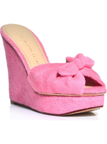 Jayne Towelling Wedges - predominant colour: pink; occasions: casual, evening, occasion, holiday; material: fabric; heel height: high; heel: wedge; toe: open toe/peeptoe; style: mules; finish: plain; pattern: plain; embellishment: bow
