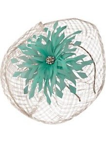 Fascinator - predominant colour: mint green; occasions: occasion; type of pattern: heavy; style: fascinator; size: standard; material: fabric; embellishment: beading, crystals, feather, pearls, corsage; pattern: florals, two-tone; trends: high impact florals