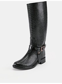 Fesa Wellie Riding Boots, Black - predominant colour: black; occasions: casual, evening, work; material: faux leather; heel height: mid; embellishment: buckles, studs, chain/metal; heel: standard; toe: round toe; boot length: knee; style: riding; trends: metallics; finish: patent; pattern: animal print, patterned/print