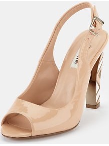 Slingback Shoes - predominant colour: nude; occasions: evening, work, occasion; material: leather; heel height: high; embellishment: buckles; heel: stiletto; toe: open toe/peeptoe; style: slingbacks; trends: modern geometrics; finish: patent; pattern: patterned/print, plain