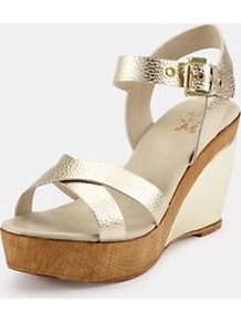 Gold Leather Wedge Sandals, Gold - predominant colour: gold; occasions: casual, evening, holiday; material: leather; heel height: high; embellishment: buckles; ankle detail: ankle strap; heel: wedge; toe: open toe/peeptoe; style: standard; trends: metallics; finish: metallic; pattern: plain, colourblock
