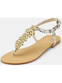 Flat Sandals, Gold - predominant colour: gold; occasions: casual, evening, holiday; material: faux leather; heel height: flat; embellishment: buckles, crystals, chain/metal; ankle detail: ankle strap; heel: standard; toe: toe thongs; style: flip flops / toe post; finish: plain; pattern: animal print