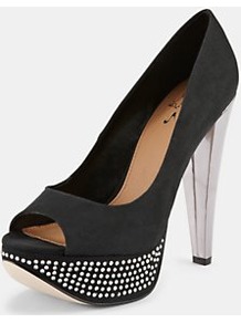 Platform Shoes, Black - predominant colour: black; occasions: evening, occasion; material: suede; heel height: high; embellishment: crystals, studs; heel: platform; toe: open toe/peeptoe; style: courts; trends: metallics; finish: plain; pattern: patterned/print, plain