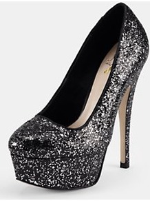 Chunky Glitter Court Shoes, Black - predominant colour: black; occasions: evening, occasion; material: fabric; heel height: high; embellishment: glitter; heel: platform; toe: round toe; style: courts; trends: metallics; finish: metallic; pattern: plain, two-tone