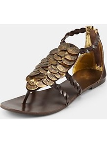 Flat Sandals, Chocolate - predominant colour: chocolate brown; occasions: casual, holiday; material: leather; heel height: flat; embellishment: zips, chain/metal; ankle detail: ankle strap; heel: standard; toe: toe thongs; style: flip flops / toe post; trends: metallics; finish: plain; pattern: patterned/print, plain