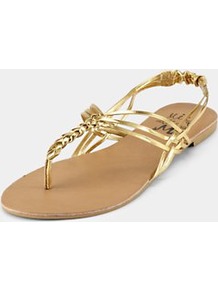 Sandals, Gold - predominant colour: gold; occasions: casual, evening, holiday; material: faux leather; heel height: flat; embellishment: elasticated; ankle detail: ankle strap; heel: standard; toe: toe thongs; style: flip flops / toe post; trends: metallics; finish: metallic; pattern: plain