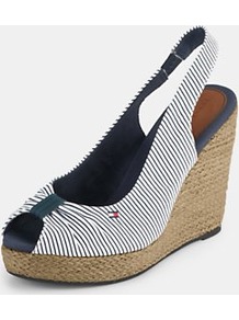 Emergy Slingback Espadrille Wedges, White - predominant colour: white; occasions: casual, holiday; material: fabric; heel height: high; embellishment: elasticated; heel: wedge; toe: open toe/peeptoe; style: standard; finish: plain; pattern: striped, vertical stripes