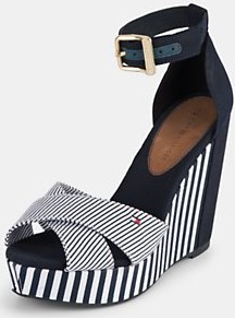 Estelle Nautical Stripe Wedges, Navy - predominant colour: navy; occasions: casual, evening, holiday; material: fabric; heel height: high; embellishment: buckles; ankle detail: ankle strap; heel: wedge; toe: open toe/peeptoe; style: strappy; trends: striking stripes; finish: plain; pattern: striped, vertical stripes, colourblock