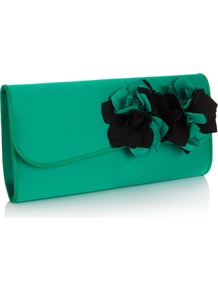 Josefina Clutch - predominant colour: emerald green; occasions: evening, occasion; type of pattern: light; style: clutch; length: hand carry; size: small; material: satin; pattern: plain; trends: sculptural frills; finish: plain; embellishment: corsage