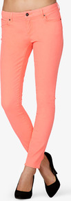 Neon Skinny Jeans - style: skinny leg; length: standard; pattern: plain; waist: low rise; pocket detail: traditional 5 pocket; predominant colour: coral; occasions: casual; fibres: cotton - stretch; texture group: denim; pattern type: fabric