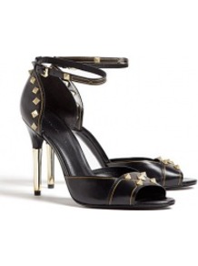 Black Studded High Peeptoe Stiletto Sandals - predominant colour: black; occasions: evening, occasion; material: leather; heel height: high; embellishment: buckles, studs; ankle detail: ankle strap; heel: stiletto; toe: open toe/peeptoe; style: courts; finish: plain; pattern: patterned/print, plain