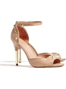Beige Studded High Peeptoe Keiko Pumps - predominant colour: nude; occasions: evening, occasion; material: leather; heel height: high; embellishment: buckles, studs; ankle detail: ankle strap; heel: stiletto; toe: open toe/peeptoe; style: courts; finish: plain; pattern: patterned/print, plain