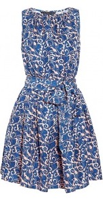 Tootsie Flower Silk Tee Dress - style: tea dress; length: mid thigh; neckline: round neck; sleeve style: sleeveless; waist detail: belted waist/tie at waist/drawstring; bust detail: ruching/gathering/draping/layers/pintuck pleats at bust; predominant colour: royal blue; occasions: casual, evening, holiday; fit: fitted at waist & bust; fibres: silk - 100%; hip detail: soft pleats at hip/draping at hip/flared at hip; sleeve length: sleeveless; texture group: structured shiny - satin/tafetta/silk etc.; trends: statement prints; pattern type: fabric; pattern size: small & busy; pattern: patterned/print