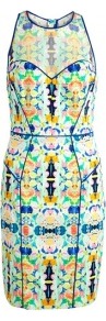 Kaleidescope Print Mesh Racer Pencil Dress - style: shift; sleeve style: sleeveless; waist detail: fitted waist; back detail: racer back/sports back, contrast pattern/fabric at back, sheer fabric at back; shoulder detail: contrast pattern/fabric at shoulder; occasions: casual, evening, occasion; length: just above the knee; fit: body skimming; fibres: cotton - mix; neckline: crew; bust detail: contrast pattern/fabric/detail at bust; predominant colour: multicoloured; sleeve length: sleeveless; texture group: jersey - clingy; trends: statement prints; pattern type: fabric; pattern size: big & busy; pattern: florals, patterned/print