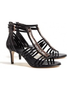 Black Leather Mid Heel Kiki Gladiator Sandals Sigerson Mo - predominant colour: black; occasions: evening, occasion, holiday; material: leather; heel height: mid; embellishment: buckles, zips, chain/metal; ankle detail: ankle strap; heel: standard; toe: open toe/peeptoe; style: gladiators; finish: plain; pattern: plain