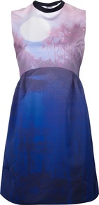 Sleeveless Printed Empire Dress - style: empire line; length: mid thigh; fit: empire; sleeve style: sleeveless; predominant colour: royal blue; occasions: evening, occasion; fibres: polyester/polyamide - 100%; neckline: crew; sleeve length: sleeveless; texture group: sheer fabrics/chiffon/organza etc.; pattern type: fabric; pattern size: small & light; pattern: patterned/print