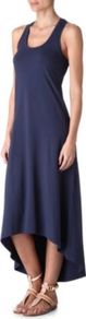 Jersey Maxi Dress - length: calf length; pattern: plain; sleeve style: sleeveless; back detail: racer back/sports back; predominant colour: navy; occasions: casual, evening, holiday; fit: body skimming; style: asymmetric (hem); neckline: scoop; fibres: cotton - stretch; sleeve length: sleeveless; pattern type: fabric; pattern size: standard; texture group: jersey - stretchy/drapey