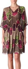 Kaftan Dress - neckline: v-neck; fit: fitted at waist; style: kaftan; sleeve style: kimono; waist detail: fitted waist; predominant colour: hot pink; occasions: casual, holiday; length: just above the knee; fibres: silk - 100%; hip detail: soft pleats at hip/draping at hip/flared at hip; sleeve length: half sleeve; texture group: sheer fabrics/chiffon/organza etc.; pattern type: fabric; pattern size: standard; pattern: patterned/print