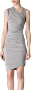 Draped Brushed Cupro Dress - neckline: v-neck; fit: tight; pattern: plain; sleeve style: sleeveless; style: asymmetric (top); waist detail: fitted waist; predominant colour: light grey; occasions: evening, occasion; length: just above the knee; fibres: cotton - stretch; shoulder detail: asymmetric shoulder detail/one shoulder; sleeve length: sleeveless; pattern type: fabric; pattern size: standard; texture group: other - light to midweight