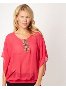 Designer Bright Pink Beaded Trim Kaftan - neckline: round neck; pattern: plain; sleeve style: kimono; bust detail: added detail/embellishment at bust; style: kaftan; predominant colour: pink; occasions: casual, holiday; length: standard; fibres: polyester/polyamide - 100%; fit: loose; sleeve length: 3/4 length; texture group: sheer fabrics/chiffon/organza etc.; pattern type: fabric; embellishment: beading