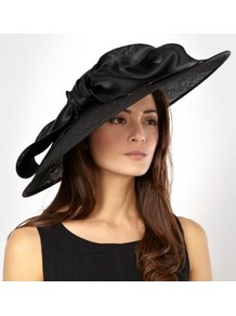 Designer Black Satin Bow Saucer Hat - predominant colour: black; occasions: evening, occasion; type of pattern: standard; style: wide brimmed; size: large; material: sinamay; embellishment: bow; pattern: plain