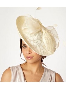 Cream Lace Saucer Headband - predominant colour: ivory; occasions: evening, occasion; type of pattern: light; style: fascinator; size: large; material: sinamay; embellishment: bow; pattern: patterned/print